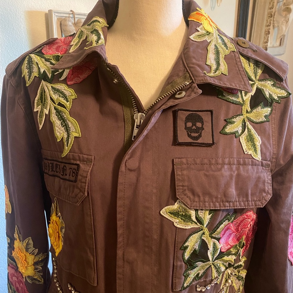 PHILIPP PLEIN COUTURE Military Green Embellished Rhinestone Appliqué Size M